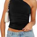 Womens One Shoulder Shirts Going Out Crop Tops Basic Sexy Slim Fit Y2K Tank Top Summer Fashion 2025 (Small, Black)