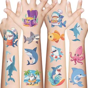 10 Sheets Shark Temporary Tattoos Birthday Themed Party Supplies Decoration Favors Cartoon Cute Sticker for Kids Boys Home Activity Class Prizes Carnival Christmas Rewards (green)