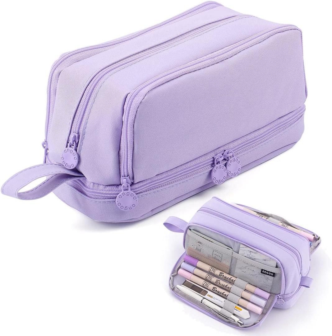 MAMUNU Large Capacity Pencil Case 4 Compartments, Pencil Pouch Bag with Zipper Portable Handle, Pen Case Bag Stationery Organizer for Office College School Adults Teen Girls Boys Men Women, Purple