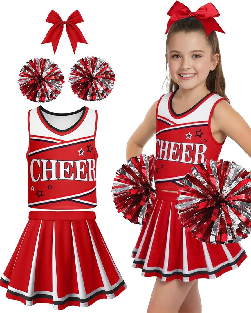 JenPen Cheerleader Costume for Cute Cheerleading Outfit Cheer Uniform for Halloween Dress Up with Accessories(L(7-9year), Red)