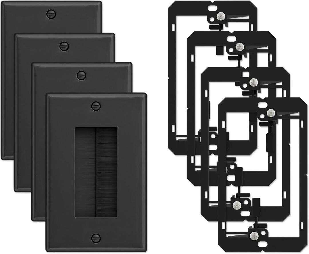Iwillink (4 Pack) Brush Wall Plate with Low Voltage Mounting Bracket, Cable Pass Through Insert for Wires, Single Gang Cable Access Strap, Wall Socket for HDTV, Home Theater Systems - Black