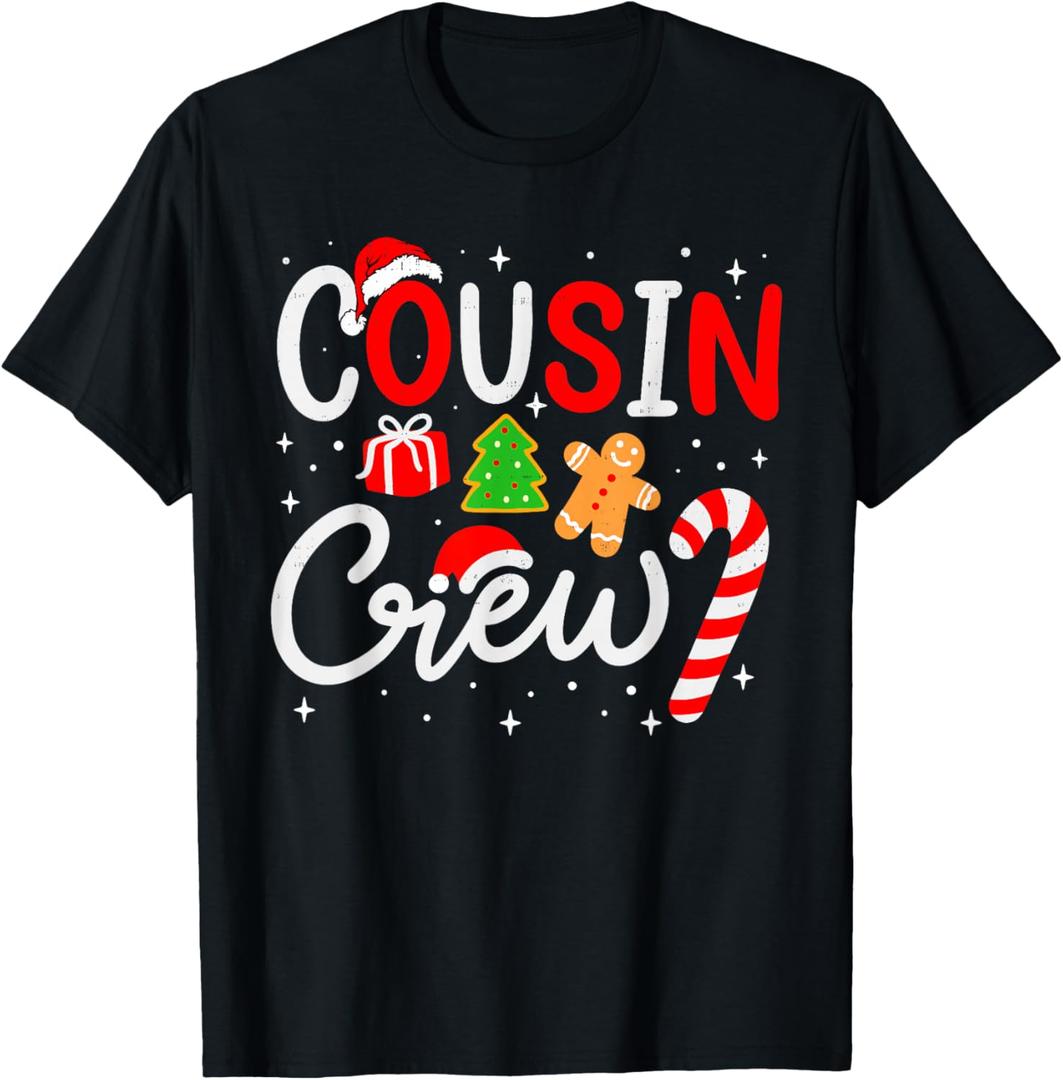 Christmas Cousin Crew Candy Cane Family Matching Holiday T-Shirt (M, Black)