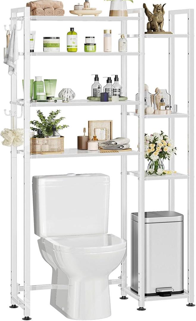 Simple Trending 8 Tier Over The Toilet Storage with Side Rack, Bathroom Organizer Metal Shelves for Towels, White
