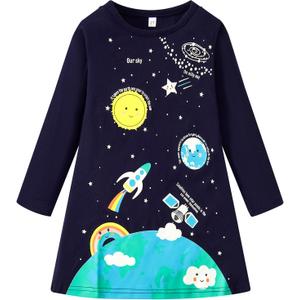 Girls Long Sleeve Dress Casual Cartoon Appliques Jersey Dresses  (3T)