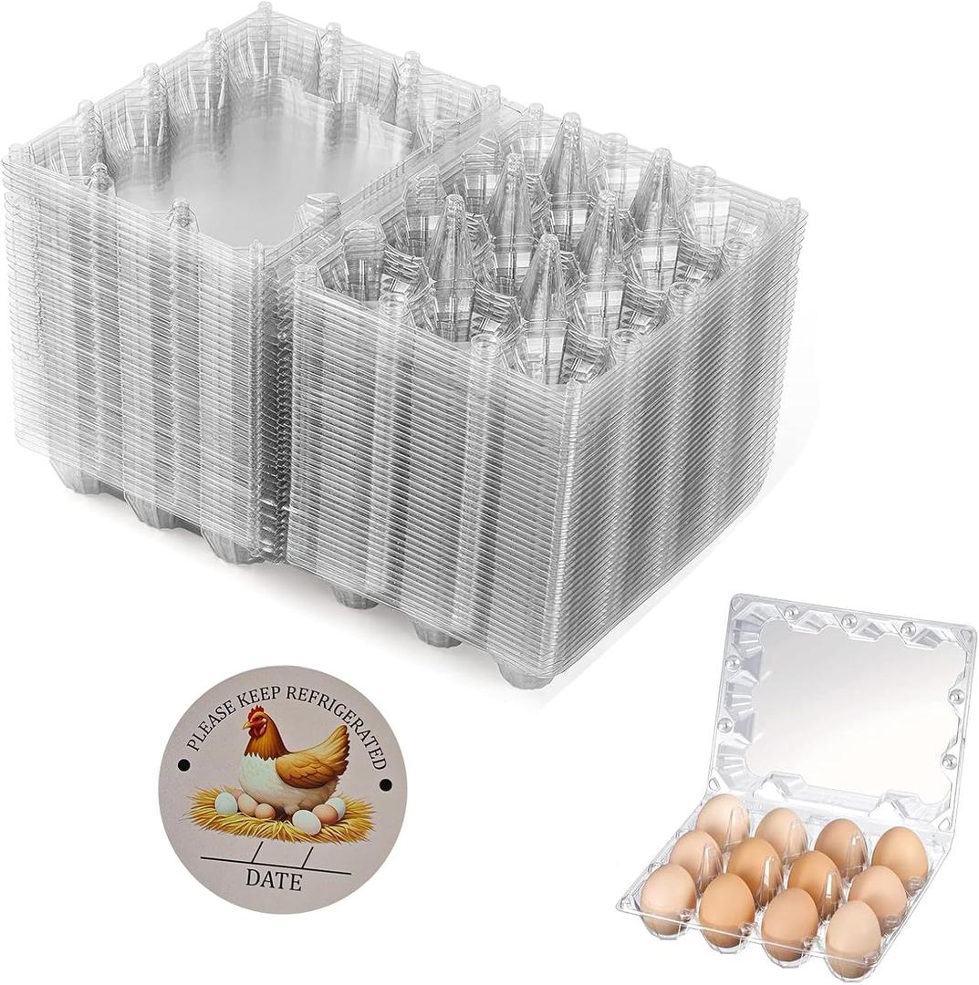 100 Packs Egg Cartons, 3 * 4 Grids Plastic Clear Egg Trays for 12 Eggs, Reusable and Durable, Egg Container Holder with Date Label for Family, Storage, Chicken Farm, Market, Transport