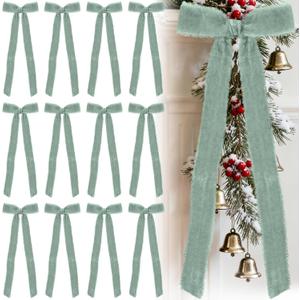 20 Pcs Velvet Christmas Bows 4.7" x 11" Pre Tied Handmade Fringe Velvet Ribbon Bows Rustic Crafts Gift-Bows with Twist Tie for Gift Wrapping Christmas Decorations (Dusty Green)
