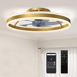 Ceiling Fans with Lights and Remote & App Control, 50 cm Modern LED Ceiling Fan Light with 3 Colour Temperatures, 6 Speed, Dimmable, Timer Quiet Reversible DC Motor, for Bedroom, Gold Tone