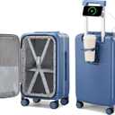 Hanke 20 Inch Carry On Luggage with Cup Holder and Charge,Top Opening Hard Shell Suitcases with Wheels and Dividers,Aluminum Frame Trunk Luggage Small Suitcase with Lock for Travel,Interstellar Blue