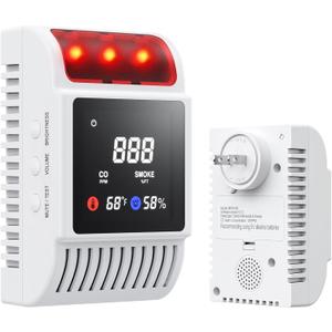 5-in-1 Smoke and Carbon Monoxide Detectors Plug in, Smoke Detector with Battery Backup Slot, Adjustable Brightness & Volume Levels, Smoke Alarm with Temp/Humidity for Home, RV, Travel(1-Pack)