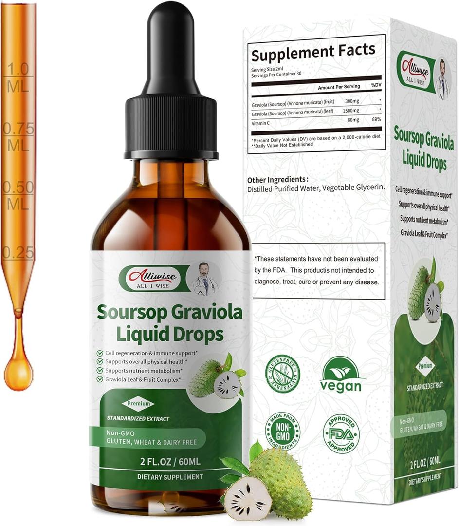 2 pack Soursop Graviola Liquid Drop, High Absorption Form Soursop Leaves & Fruit Complex, for Cell Regeneration & Immune Support & Digestive Bitters - Vegan Sour SOP Bitters Liquid - 2 Fl oz