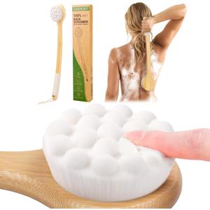 Back Scrubber for Shower 17.32'', Soft Bristles Bamboo Shower Brush for Men Women, Long Curved Handle Bath Brush for Exfoliating, Smooth Skin & Back Scrubbing Gift for Older