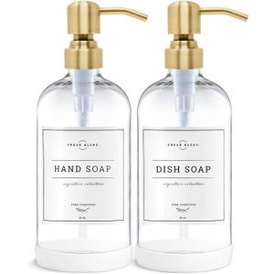 Vine Creations Clear Glass Soap Dispenser, 2 Pack Kitchen Soap Dispenser Set with Stainless Steel Pump, 16 oz Dish Soap and Hand Soap Dispensers for Bathroom with Waterproof Labels