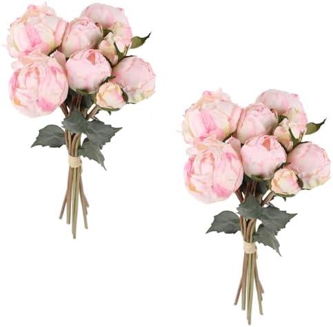 ICBOX Pink Peonies Artificial Flowers 2 Bouquets Vintage Peonies 18pcs Pink Peonies with Single Long Stems Silk Flowers for Wedding Decoration Bride Bouquet Flowers Crafts Floral Arrangement (Pink)