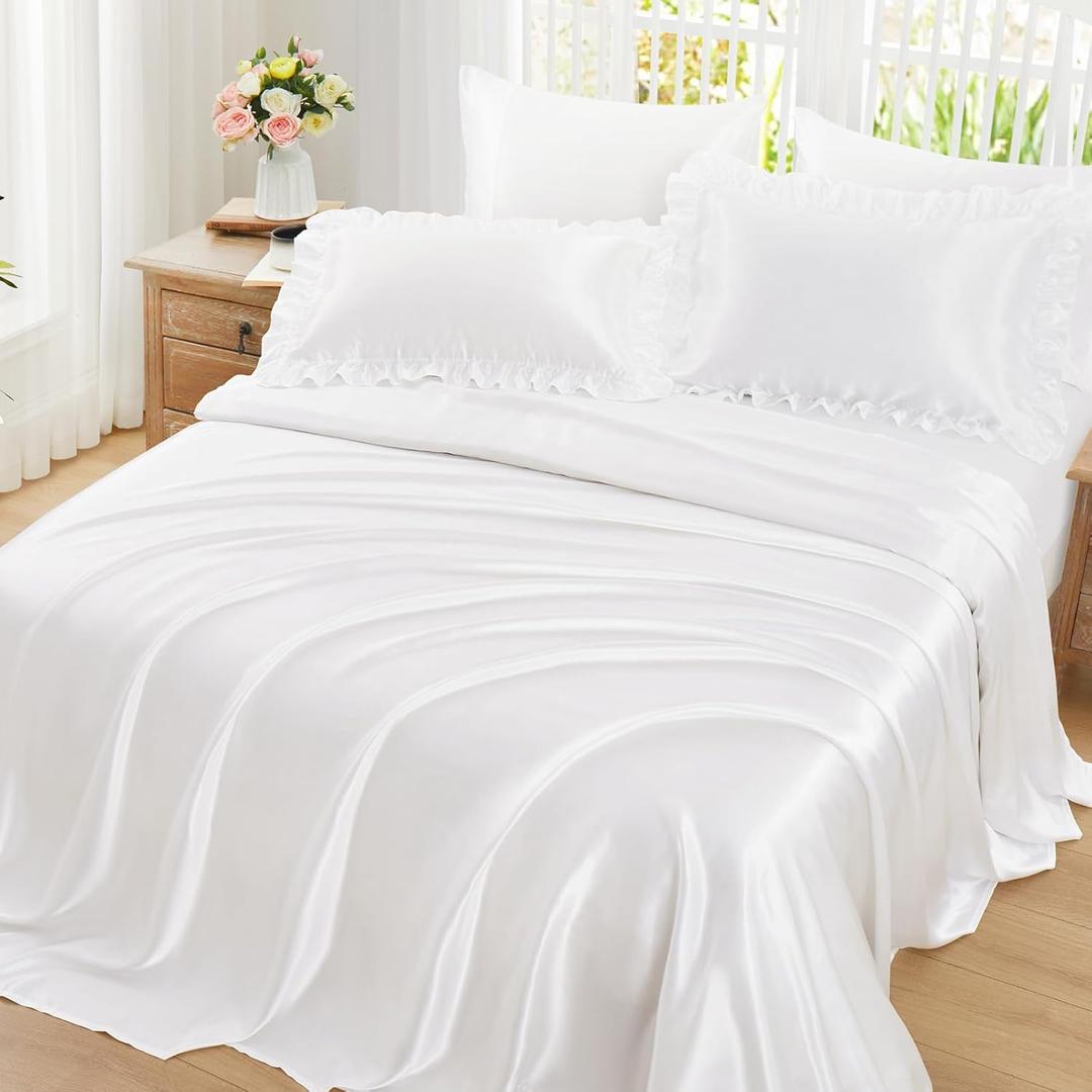 Homiest Ruffled Satin Sheets Queen Size 6pc Set - White Bed Sheet Set with 15 Inch Deep Pocket Fitted Sheet, 1 Flat Sheet, 2 Ruffled Pillow Shams & 2 Pillowcases, Similar to Silk Sheets