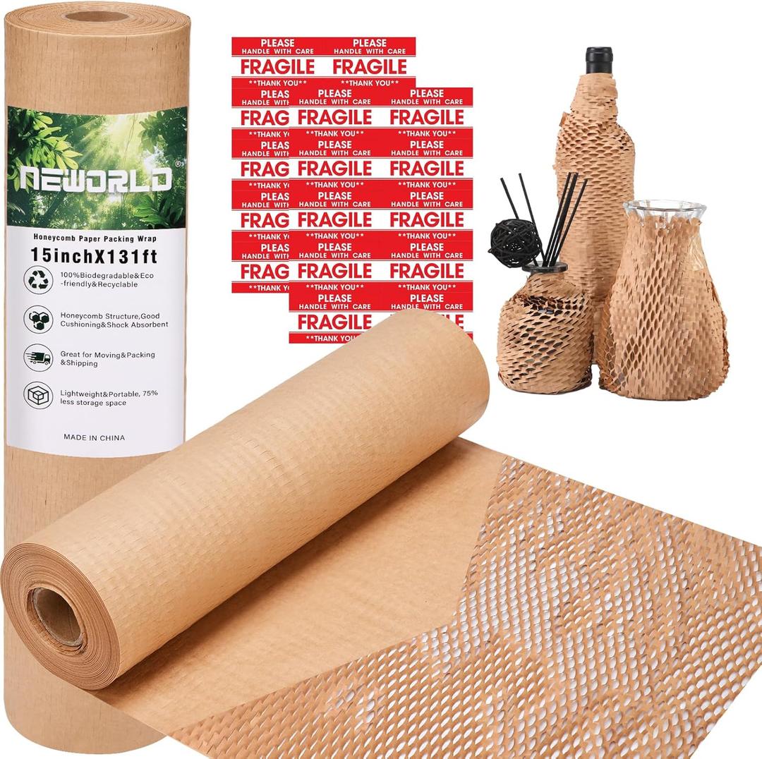 2 x Neworld Honeycomb Packing Paper,15" x 131' Eco Friendly Bubble Cushioning Wrap for Moving,Products & Gifts Wrapping Paper,Recyclable Cushioning Packing Material With 20 Fragile Sticker Labels