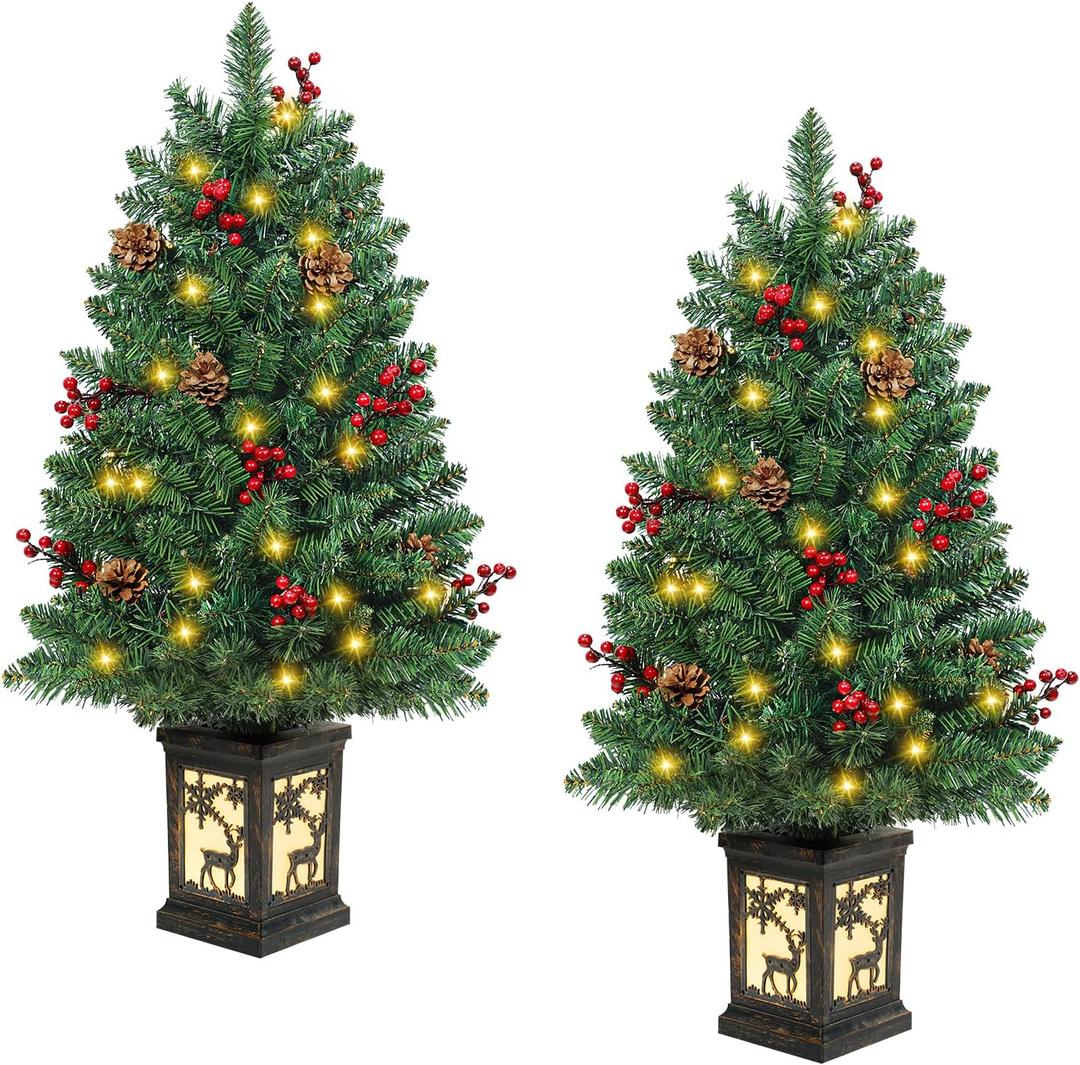 2PCS 3FT Christmas Tree with Lights Small Artificial Christmas Tree PVC Pre-lit Christmas with 78 Warm LED Tree Red Berries Pine Cone Tree for Party Indoor Outdoor Holiday Home Decoration