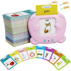 Spanish & English 510 Words Alphabet Bilingual Talking Flash Cards for 3-8 Years Toddlers, Pocket Speech Buddy Therapy Autism Toys, Educational Learning Interactive Toy for Boys Girls Kids Gifts Pink