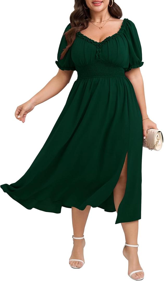 Women's Plus Size Dress Wedding Guest Cocktail Short Sleeve Stringy Selvedge V Neck Slit A Line Flowy Maxi Dresses, XL