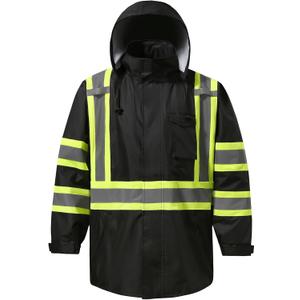 Reflective Rain jackets for men waterproof,Hi Vis Safety Coat With Reflective StripsHigh Visibility Class 3 Rain jackets With 2 large pocketsZipper,Black SM/MD (Medium)