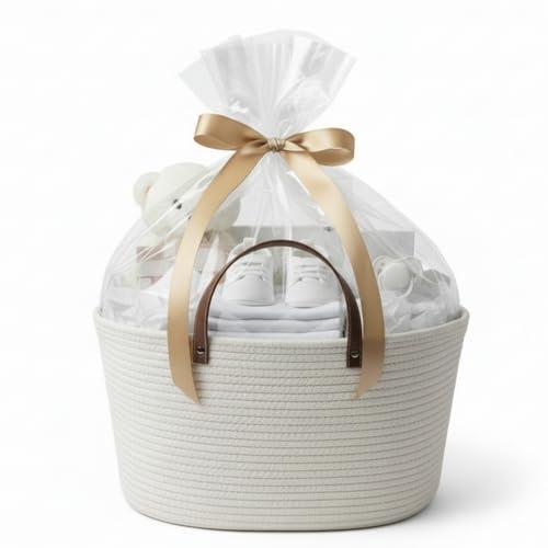 Colingmill Mother’s Day Empty Woven Gift Basket with PU Leather Handle and Bag Cotton Rope Basket Organizer for Pet Toy Storage Graduation Baby Shower Birthday Party Wrapping Gift(16.5 * 10 * 9 Inch)