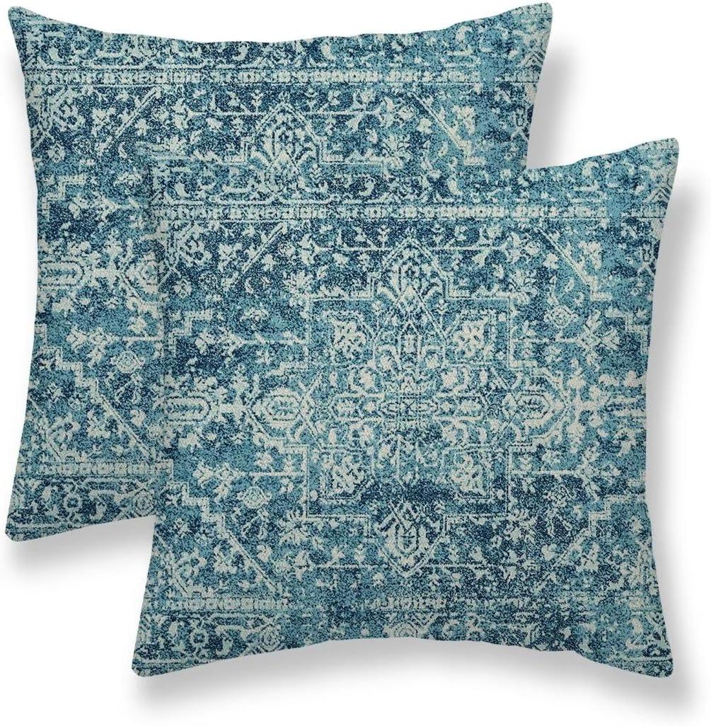 Teal Boho Pillow Covers 18"x18" Set of 2, Bohemian Carpet Pattern Outdoor Decorative Throw Pillows Linen Ethnic Design Rustic Farmhouse Cushion Cases for Couch Sofa Decor