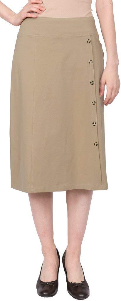 Baby'O Women's Stretch Cotton Knit Faux Button Front Below The Knee A-Line Skirt (Khaki - XX-Large)