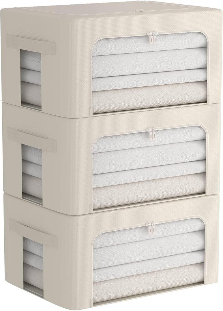 3Pack Frame Storage Box - Clothes Storage Bin Bags Oxford Fabric Foldable Stackable Container Organizer Set with Clear Window & Carry Handles (Beige, Medium-44L) 3Pack Frame Storage Box - Clothes Storage Bin Bags Oxford Fabric Foldable Stackable Container Organizer Set with Clear Window & Carry Handles (Beige, Medium-44L)