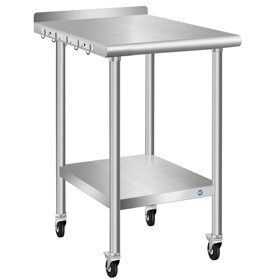 Stainless Steel Table With Wheels 24 x 18 Inch w/Backsplash, Commercial Prep Table, NSF Metal Table for Home Kitchen Restaurant Outdoor