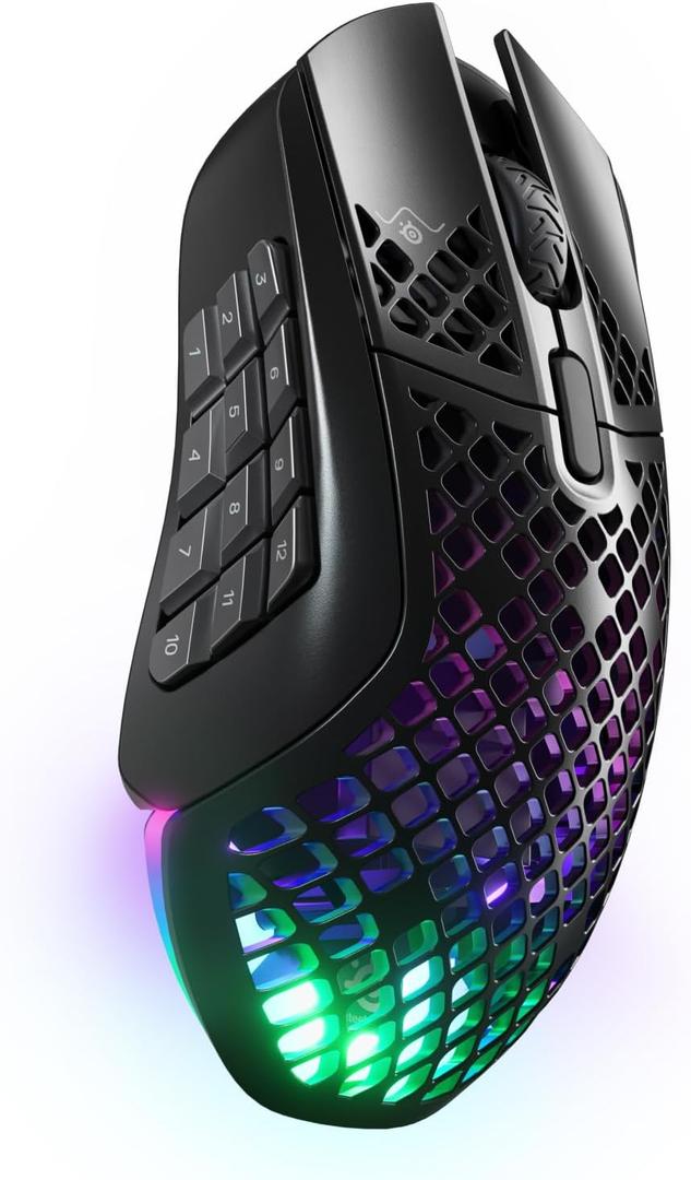 SteelSeries Aerox 9 Wireless - Holey RGB Gaming Mouse - Ultra-lightweight Water Resistant Design - 18 Buttons  Bluetooth/2.4 GHz - 18K DPI TrueMove Air Optical Sensor (Onyx)