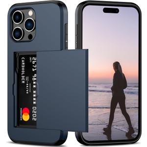 Nvollnoe Compatible with iPhone 15 Pro Max Case with Card Holder Heavy Duty Protective Dual Layer Shockproof Hidden Card Slot Slim Wallet Phone Cover for Women&Men 6.7 inch(Blue)