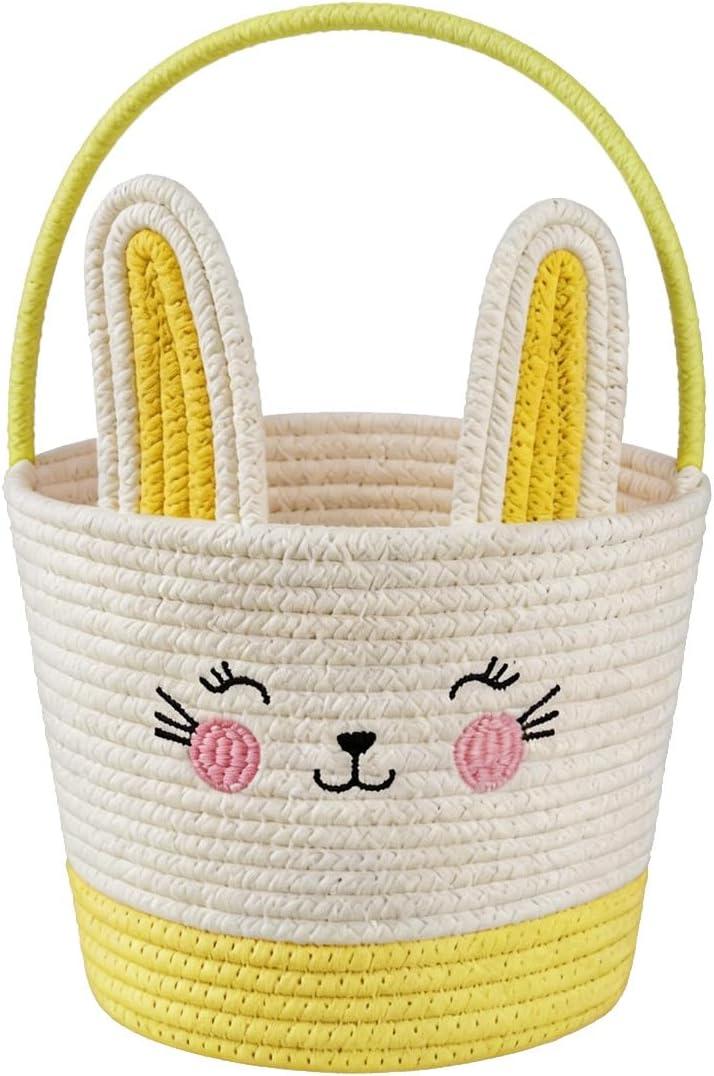 Easter Basket with Handle, Bunny Design for Boys and Girls, Egg Hunt Gift Basket (Yellow white)