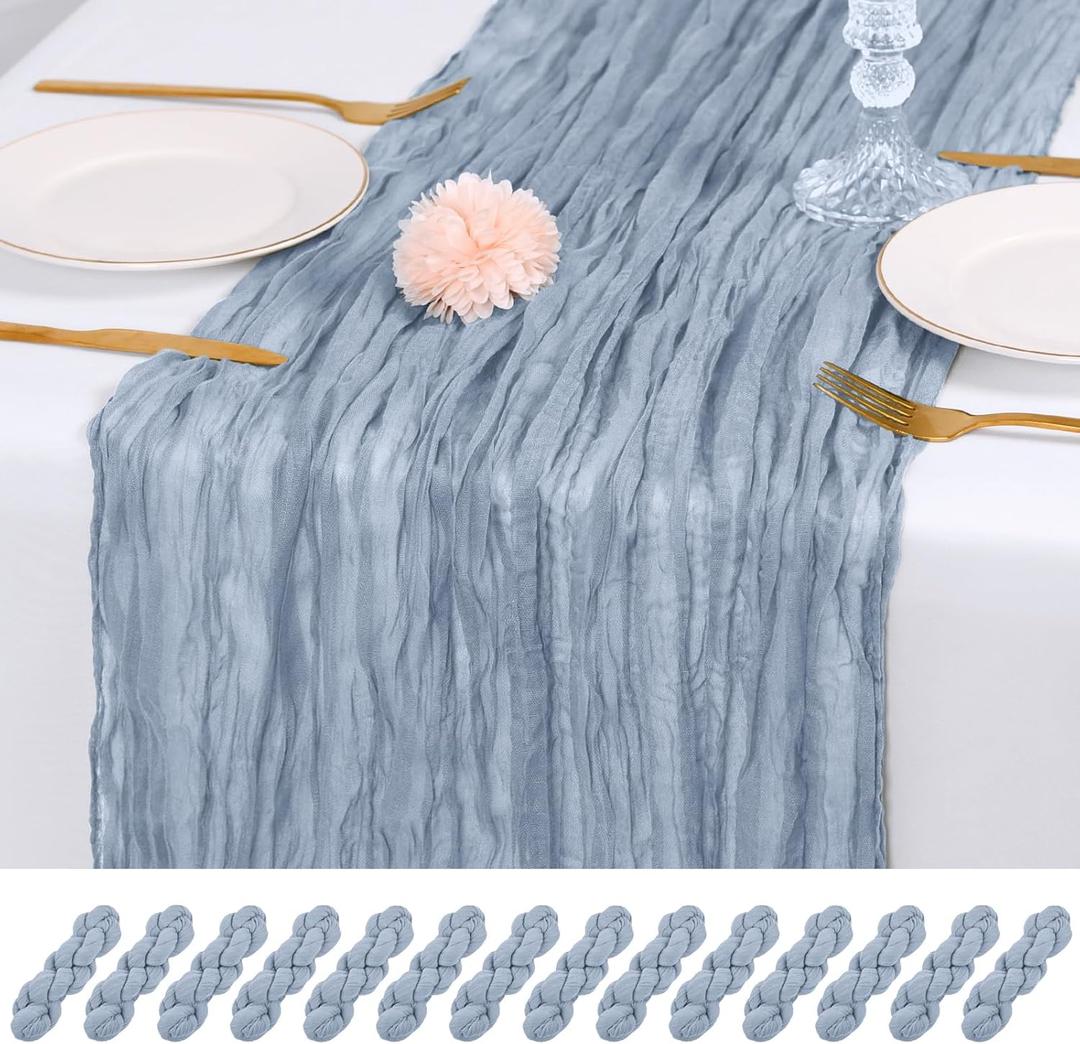 14 Pack Dusty Blue Cheesecloth Table Runner 17x108 Inch Semi Sheer Boho Gauze Cheese Cloth Fabric Table Runners, for Wedding Party Baby Shower Birthday Home Decor Garden Farmhouse