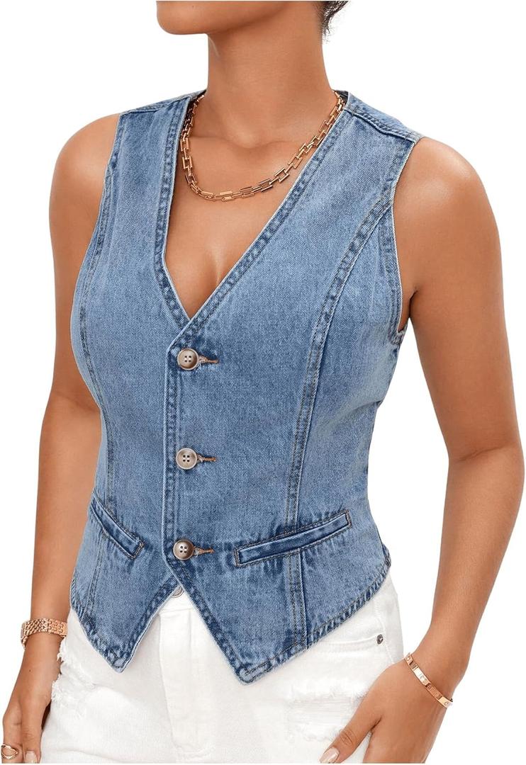 MakeMeChic Women's V Neck Sleeveless Denim Jacket Single Breasted Crop Top Y2k Jean Vest (Large)