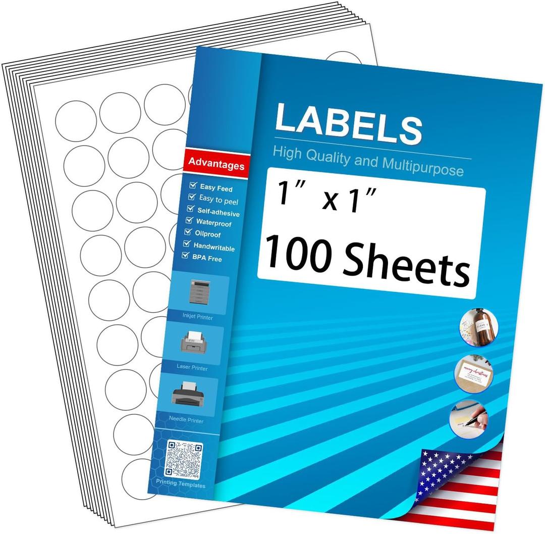 1" Circle Sticker Labels, Round Printable Sticker Labels to Write On, Sticker Paper for Inkjet Printer, (63 Labels/Sheet), 100 Sheets