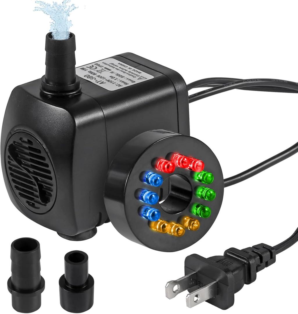 2 x Submersible Water Fountain Pump 15W with LED Lights Aquarium Fish Tank Water Pump 260GPH for Aquarium Pond Statuary Gardens Water Feature Outdoor Fountain
