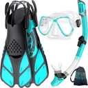 Zenoplige Mask Fins Snorkel Set, Snorkeling Gear for Adults, Panoramic View Snorkel Mask Anti-Fog, Adjustable Dive Flippers, Dry Top Snorkel and Travel Bag, Scuba Gear for Swimming Snorkeling Diving (S/M, Transparent Green)
