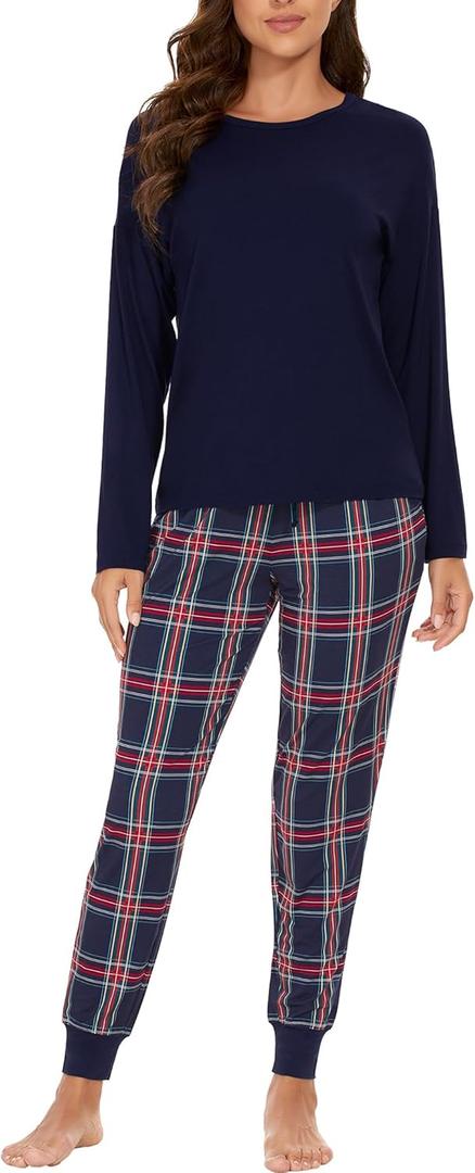 GYS Women's Pajama Sets Bamboo Viscose Long Sleeve Sleepwear with Pants Soft Pjs Lounge Set Ladies Loungewear (Large, Navy Plaid/Tapered-leg)