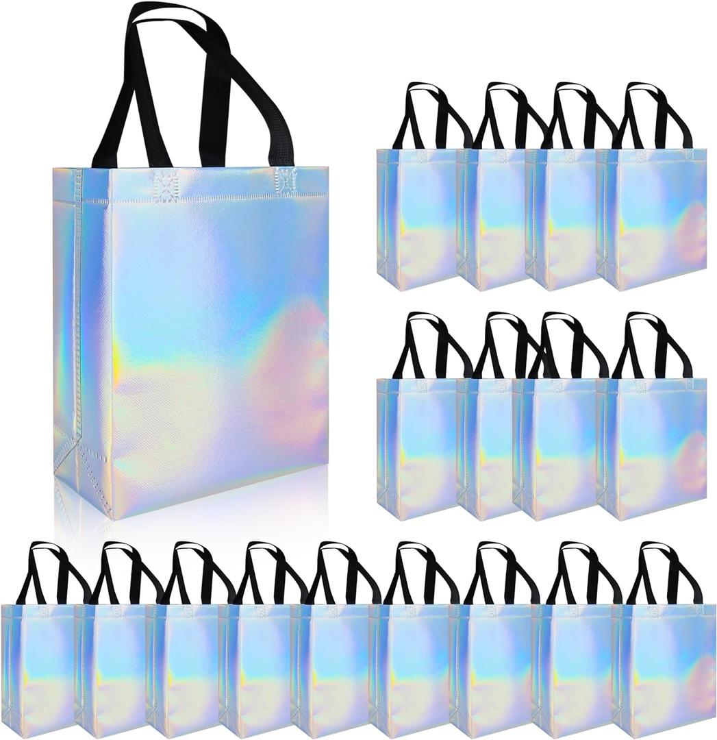 18 Pcs Glossy Iridescent Small Gift Bags Bulk, 8x3.9x9.8 In Non-woven Party Bags for Present with Sturdy Bases for Birthday, Wedding, Easter, Party, Holiday