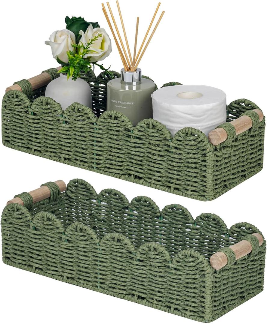 CubesLand Scalloped Decor Basket for Living Room, Home, Bathroom, 2SAME SIZE Paper Rope Basket, Toilet Storage Baskets for Over Toilet Storage Shelf, Cozy Woven Basket Both Storage & Decor, Green