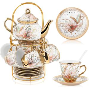 Zhehao 20 Pcs Porcelain Tea Set with Metal Holder and Spoon Adult Ceramic Tea Party Set European Flower Painting Teapot Cup Saucer Spoon Set for Women, Large Version(Traditional Style)