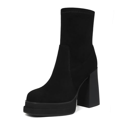 Wetviro Women's Platform Ankle Boots Chunky High Heel Square Toe Stretchy Short Gogo Combat Boots Booties for Women 10