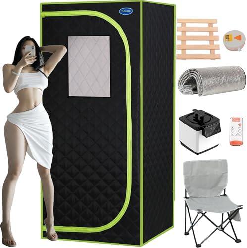 Portable Steam Sauna Box, Personal Home Sauna Tent, Thick Triple-Layer Insulated Oxford, 2.2L Steamer, Remote Control, Folding Chair, 15 Levels of Temp, Steel Pipe Bracket 2.63’ x 2.63’ x 5.8’