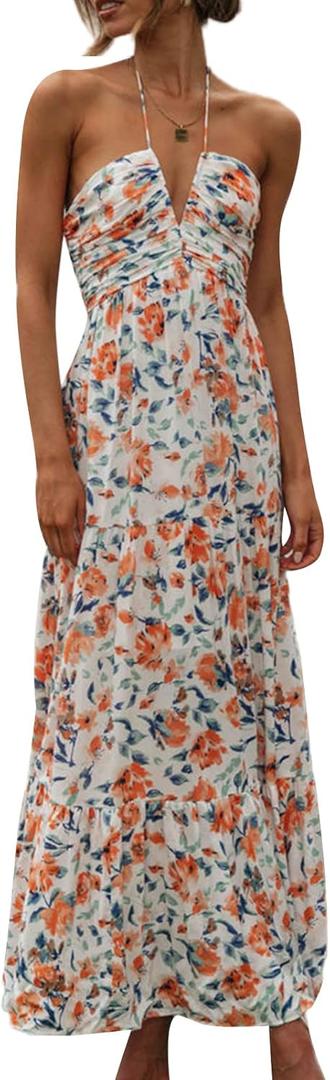 Women's Halter Neck Floral Maxi Dress 2024 Summer Boho Long Sundress Sexy Sleeveless Backless Flowy Ruffle Dress (Orange)