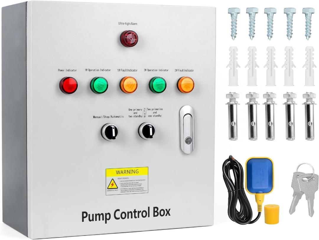 2 HP Well Pump Control Box, 220V Single Phase, 2 AC Contactors, 2 Float Switch, Ultra-high Water Level Alarm, Manual/Automatic, Safe & Reliable for Submersible Well Pump