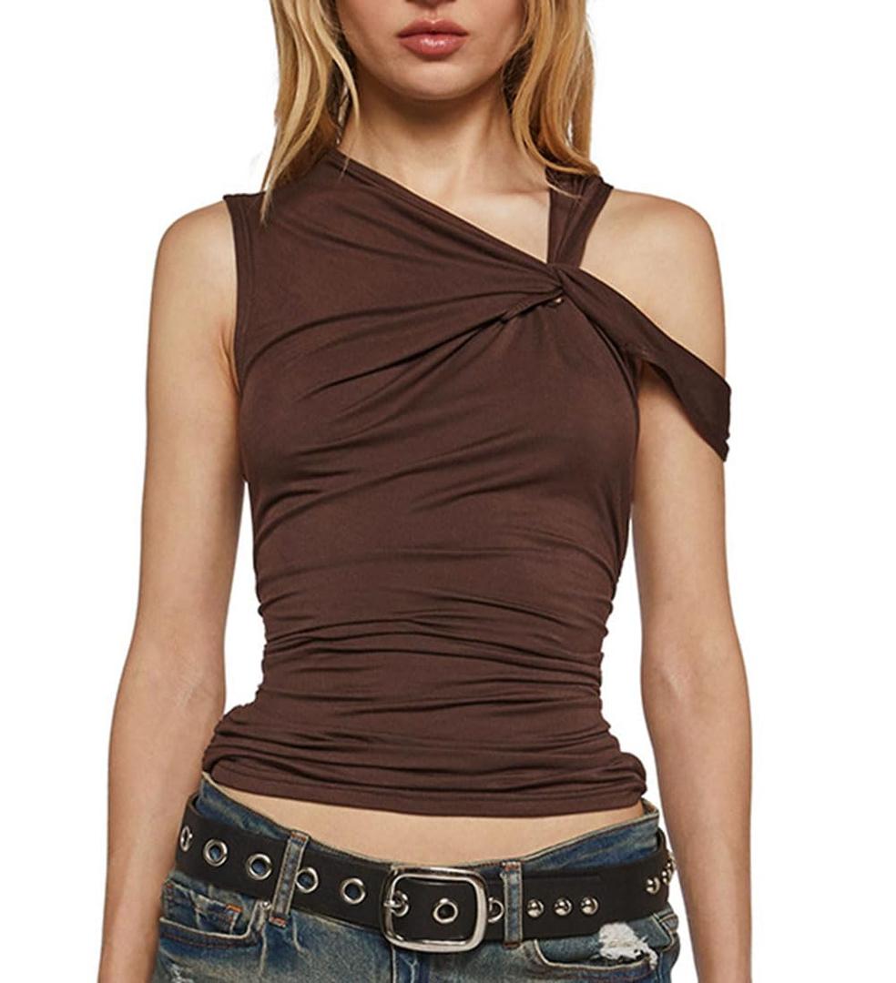 EeAmzQc Brown Twist Strap One Shoulder Sexy Crop Tank Tops for Women Asymmetrical Neck Ruched Slim Y2K Shirt Sleeveless (Brown, M)