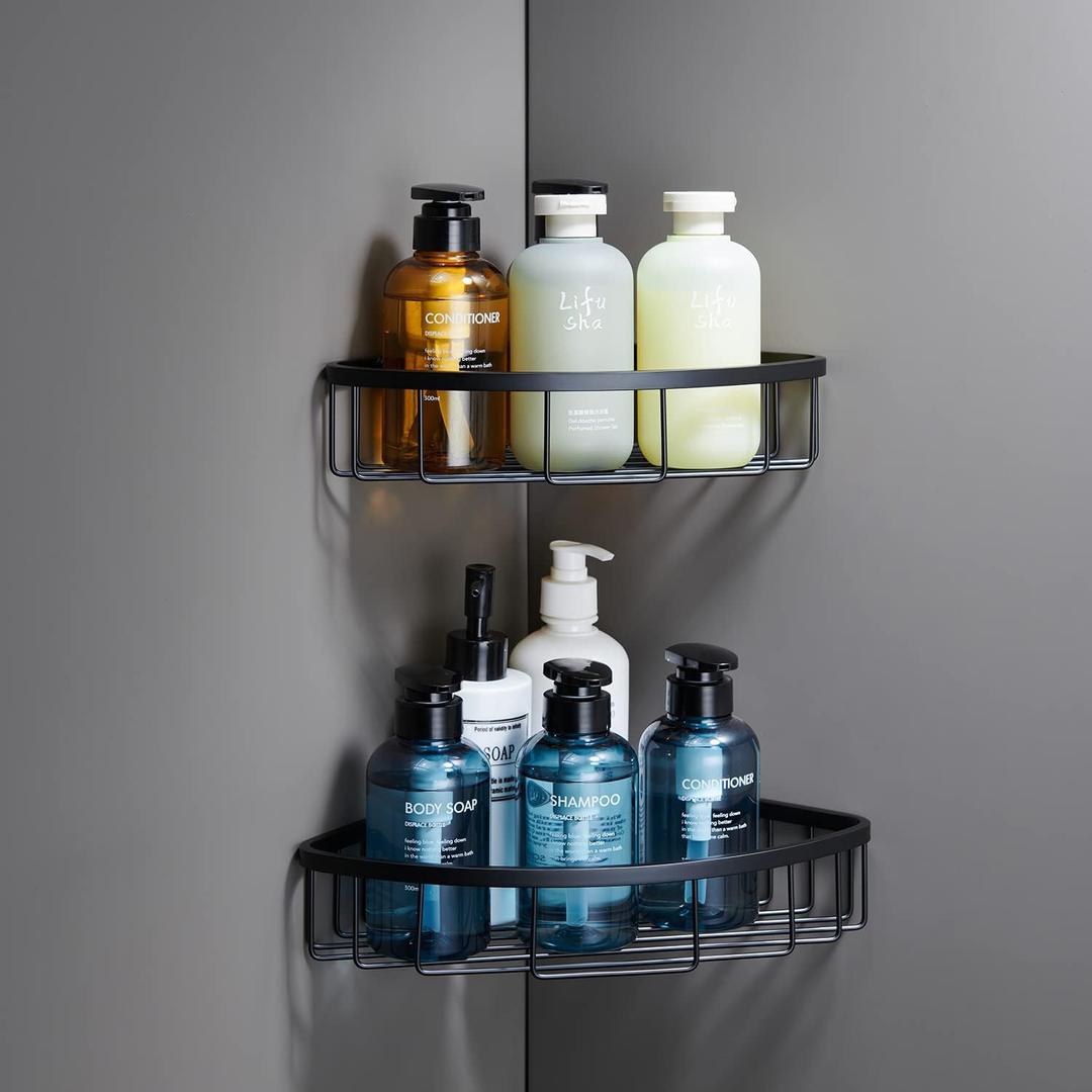 [2 Pack] Corner Shower Caddy Shelf Organizer, Stainless Steel Heavy Duty Rust-Proof Shampoo Holder, Wall Mounted Storage Rack for Bathroom & Kitchen, Matte Black