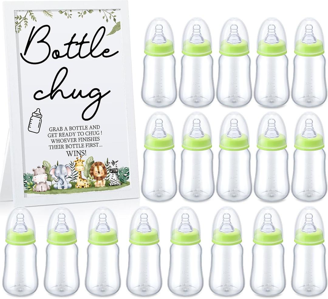 Roowest Bottle Chug Baby Shower Game Favors Including Safari Animals Theme Wooden Sign and 18 Pcs Baby Bottles for Gender Reveal Party Supplies