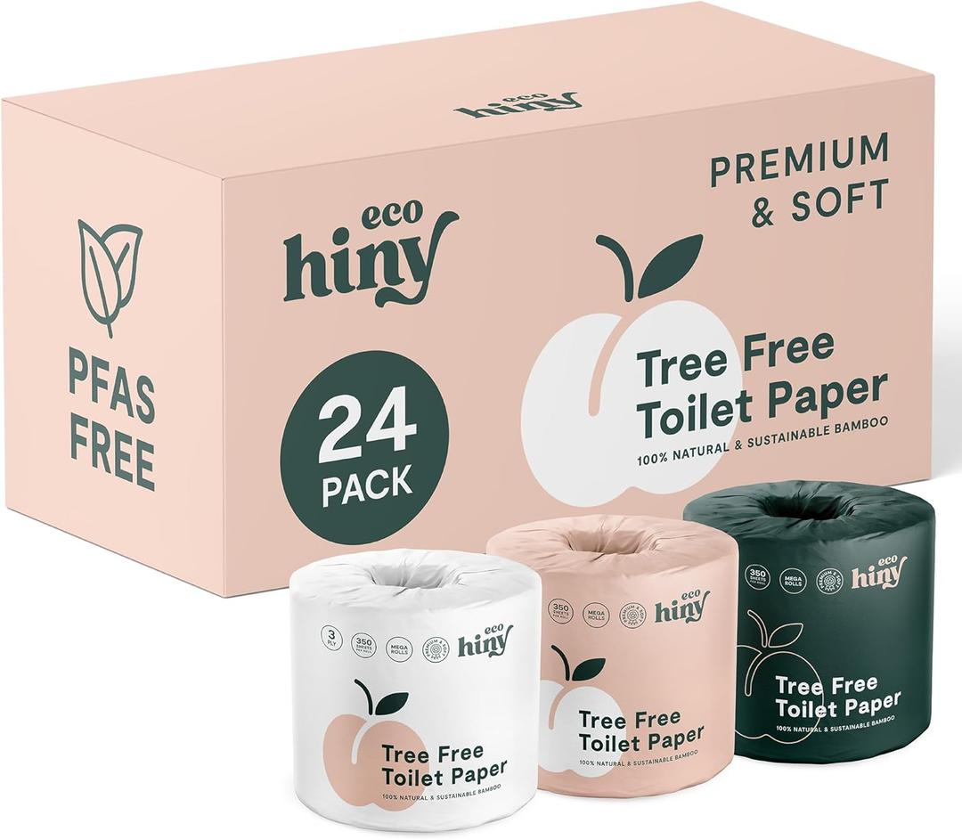 ecoHiny Premium & Soft Bamboo Toilet Paper | PFAS Free | 24 Mega Rolls, 3 ply & 350 Sheets | Non Toxic, FSC Certified, Septic Safe, BPA Free | Tree Free Toilet Tissue | Plastic Free Packaging