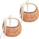 2 PCS Wicker Rattan Flower Baskets Small Half Moon Wicker Basket with Handle and Ribbons Wedding Flower Girl Straw Basket Willow Woven Storage for Wedding Party Decor(Brown) (2)
