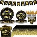 152 Pcs HOCO Party Supplies Homecoming Decorations Black and Gold 2025 Tableware Serve 25 Guest Include Cups Plates Forks Napkins Banner Tablecloth for School Celebration